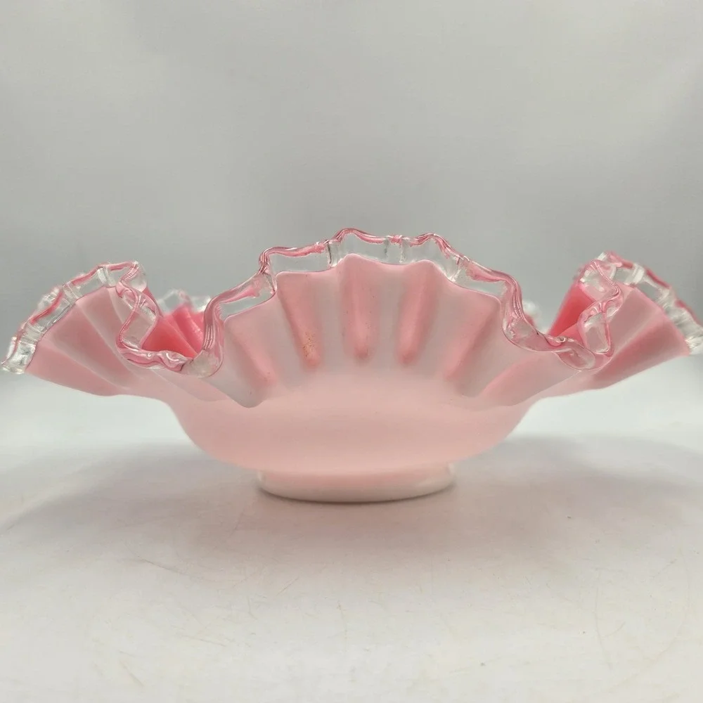 VTG Fenton Peach Crest Pink Cased Milk Glass Ruffled Brides Bowl Clear Edge A+